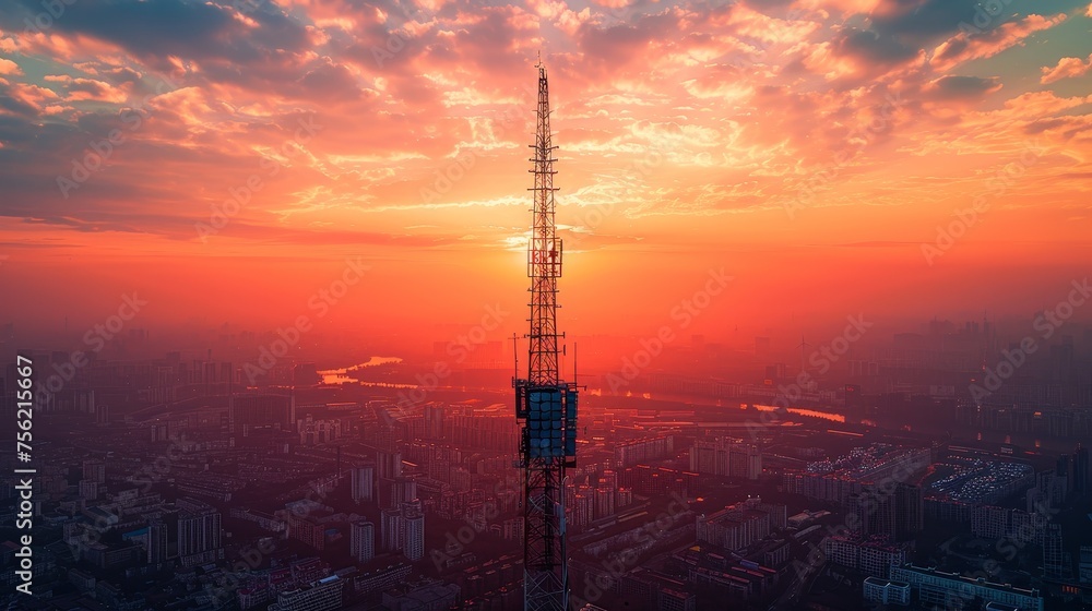 A telecommunication tower at sunset, casting a long shadow over a digital cityscape