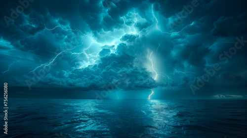 A dramatic thunderstorm unfolds over the ocean as lightning strikes illuminate the tumultuous sky and sea.