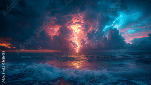 A dramatic thunderstorm unfolds over the ocean as lightning strikes illuminate the tumultuous sky and sea. © feeling lucky