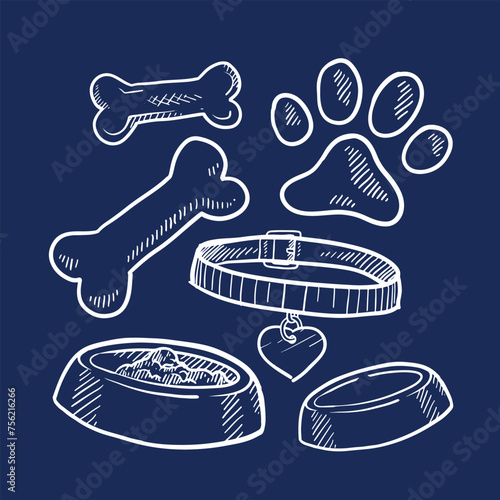 Doodle style pet gear sketch in vector format. Set includes bones, collar, food and water bowl, and footprint