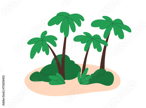 Palm trees on sandy island. Tropical leaf plants on sand. Exotic south uninhabited land, summer resort, southern paradise, African terrain. Flat vector illustration isolated on white background