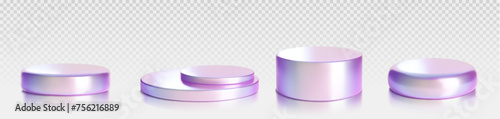 Hologram product podium of cylinder low, middle and two step, round shape for promo and presentation. Realistic 3d vector illustration set of metal goods display platform with holographic effect