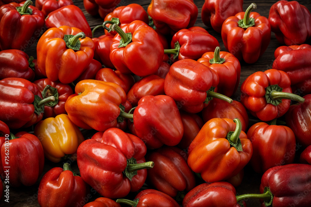 Red bell peppers on counter in supermarket. Large number of red peppers in pile. Generative AI Red bell peppers on counter in supermarket. Large number of red peppers in pile. Generative AI