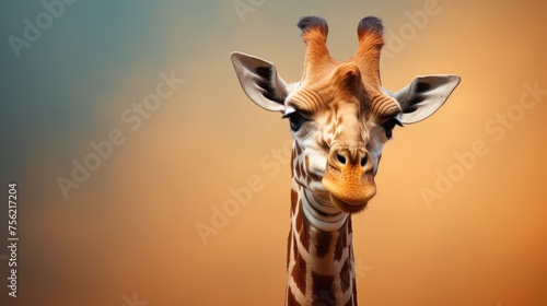 Close-up portrait of giraffe head. Cute giraffe on yellow background with copyspace. Funny animal looking at camera.