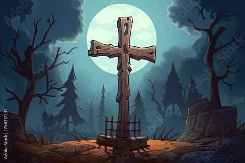 Mystery Halloween tombstone, spooky cemetery grave with cross, cartoon illustration at night
