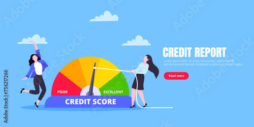 Woman pushes credit score arrow gauge speedometer indicator with color levels. Measurement from poor to excellent rating for credit or mortgage loans concept flat style design vector illustration.