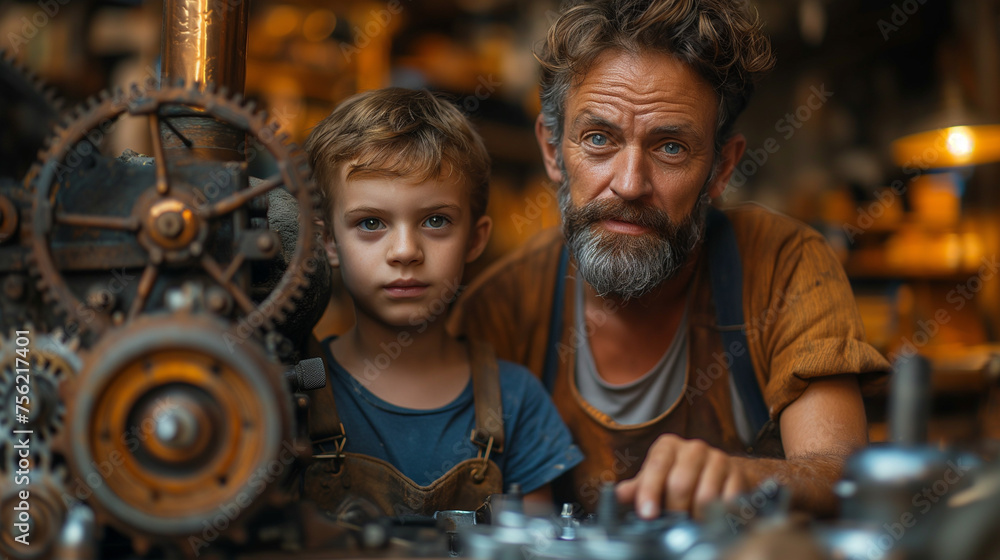 Portrait of father and son in the workshop