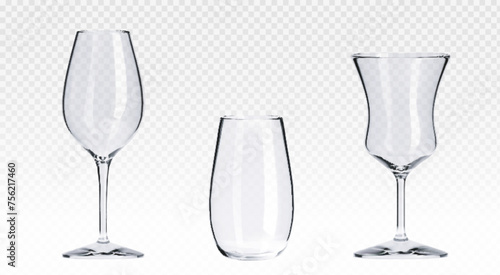 Empty transparent cocktail glass for wine, champagne and long drinks. Realistic vector illustration set of kitchen and restaurant glassware for alcohol beverages. Clean blank bar utensils mockup.