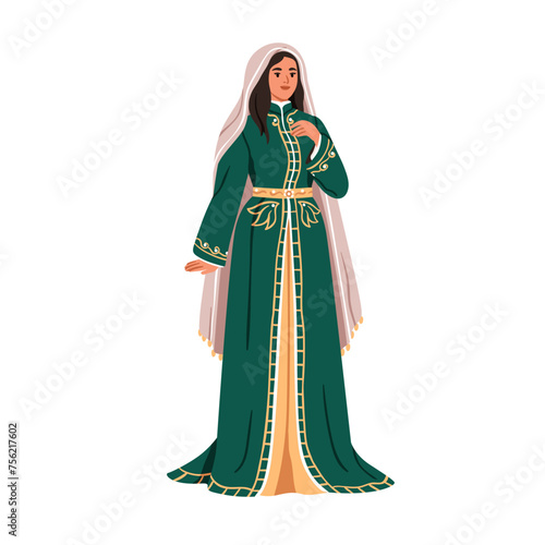 Woman in traditional Moroccan dress, national costume. Female in Morocco clothing, outfit, kaftan with embroidery and Marrakech headscarf. Flat vector illustration isolated on white background