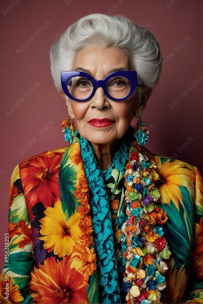 Fashionable senior showcasing a flair for vibrant glasses and matching floral and feather attire, impeccable and unique style