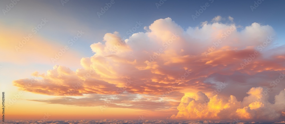 A cumulus cloud drifts through the sky during sunset, creating a beautiful afterglow of red and orange hues in the atmosphere