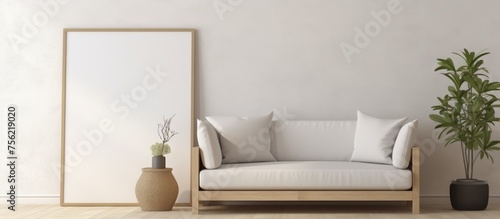 A cozy living room with a grey couch, wooden mirror, vase with plant, and picture frame on the wall. The furniture creates a comfortable interior design in the house