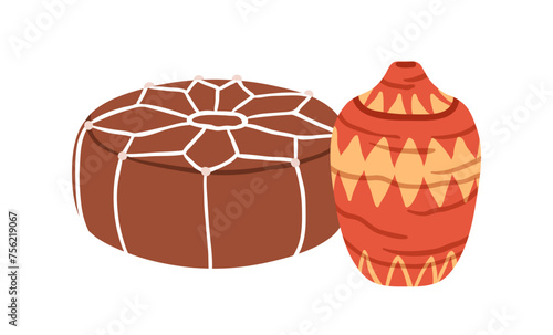 Moroccan furniture and home decor. Traditional Berber pouf, round footrest and vase. Morocco interior decoration, Maroc seat, poof. Flat graphic vector illustration isolated on white background