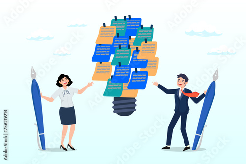 Business people brainstorm with sticky notes combined to bright lightbulb idea, ideation, brainstorming to gather new idea, effective meeting discussion, team members discover solution, scrum (Vector)