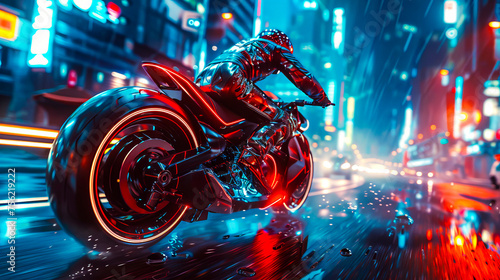 Motorcyclist Speeding in Rainy City at Night.