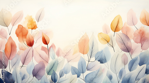 Colorful autumn leaves in pastel  watercolor-style background postcard