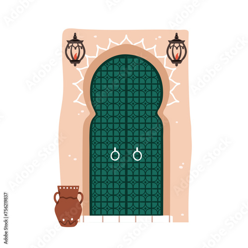 Old Moroccan arched door design. Ancient doorway, closed arc gates, Morocco architecture. Vintage Marrakech, Medina entrance with doorknobs. Flat vector illustration isolated on white background