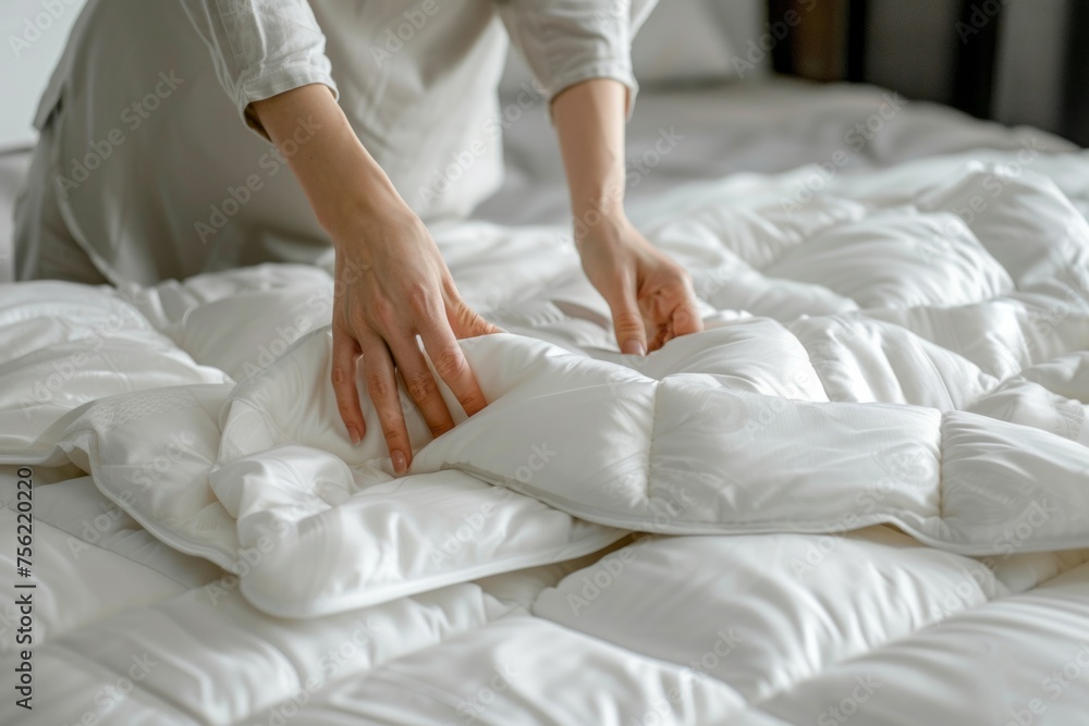Woman is putting the bedding cover or mattress pad on the bed or putting off for cleaning process Woman is putting the bedding cover or mattress pad on the bed or putting off for cleaning process