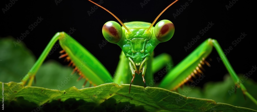 An arthropod, green praying mantis, is perched on a leaf of a terrestrial plant. This insect is a beneficial organism as a predator of pests and a pollinator in the ecosystem An arthropod, green praying mantis, is perched on a leaf of a terrestrial plant. This insect is a beneficial organism as a predator of pests and a pollinator in the ecosystem