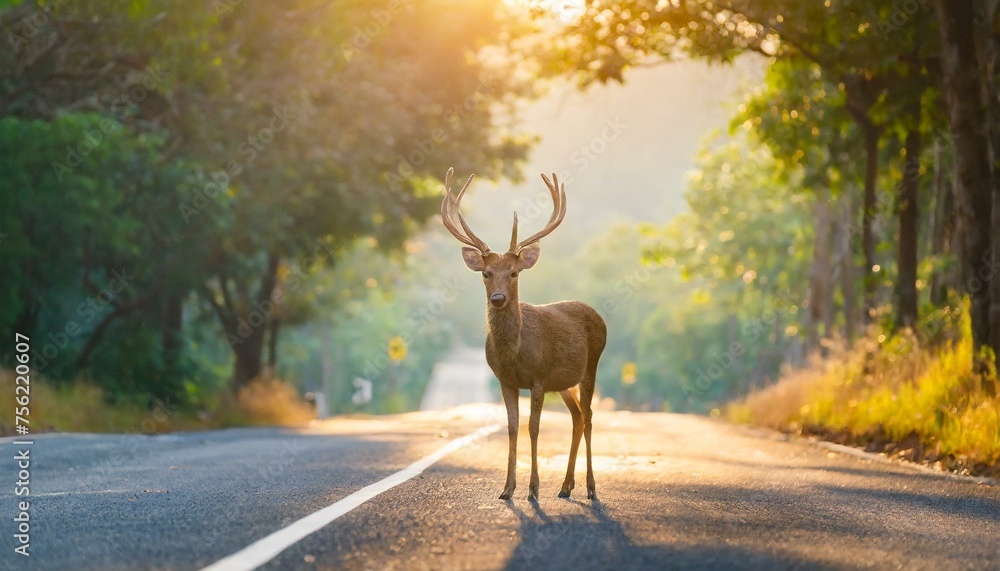 Twilight Encounter: Deer Silhouetted Against Forest on Roadside" - obrazy, fototapety, plakaty 