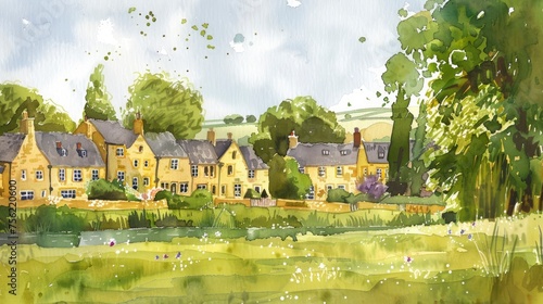 Summer Scene. British Countryside Village in Watercolour.