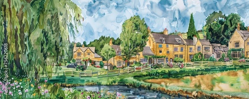 Summer Scene. British Countryside Village in Watercolour.