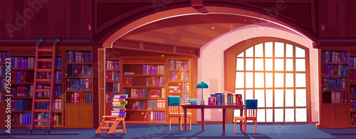 Public library with many books on shelves in case with ladder, in stack on wooden table with chair and lamp. Cartoon vector public bookstore with literature for school study or reading concept.
