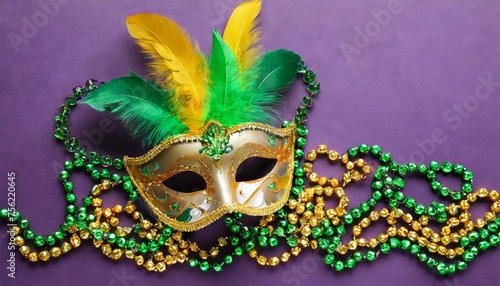 Vibrant Revelry: Mardi Gras Mask and Beads Set Against Purple Background"