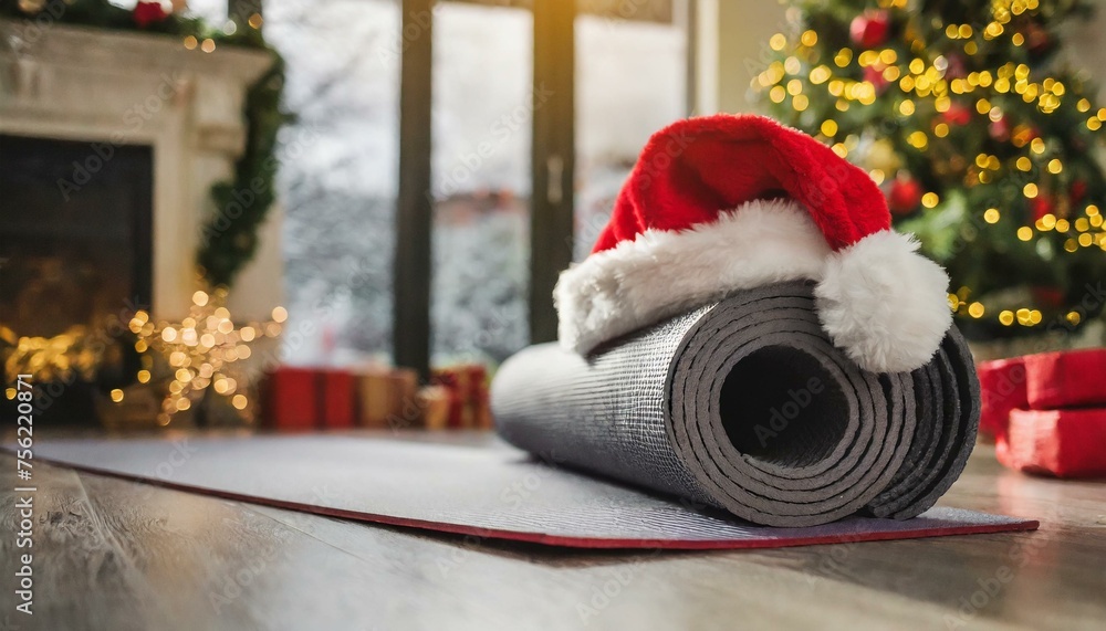 Fototapeta premium Festive Fitness: Santa Hat Adorns Yoga Mat in Christmas-Adorned Home