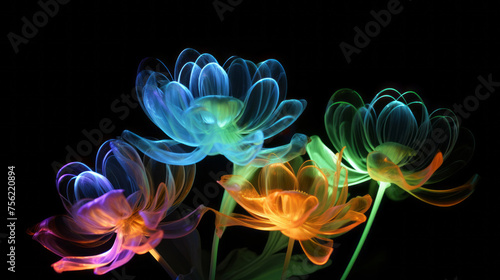 Neon Flowers light drawing. Artistic, dramatic floral flair lines on black background