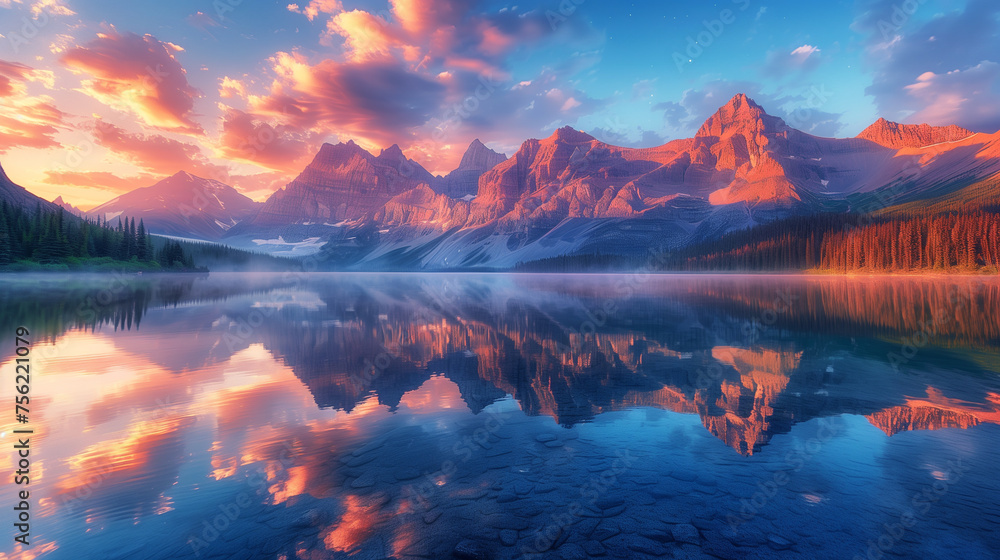 The first light of sunrise sets the majestic mountains aglow, perfectly mirrored in the still, clear waters of the lake below. - obrazy, fototapety, plakaty 
