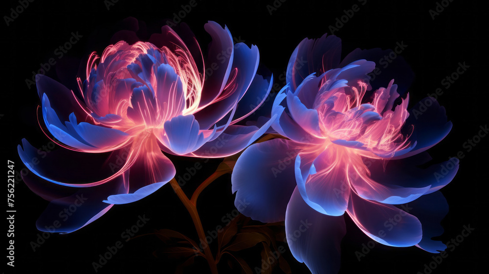 Obraz premium Neon Flowers light drawing. Artistic, dramatic floral flair lines on black background