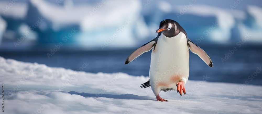 Fototapeta premium A flightless bird, the penguin, balances on one leg in the snow. With its beak and wings tucked in, this seabird is a fascinating subject of study in science