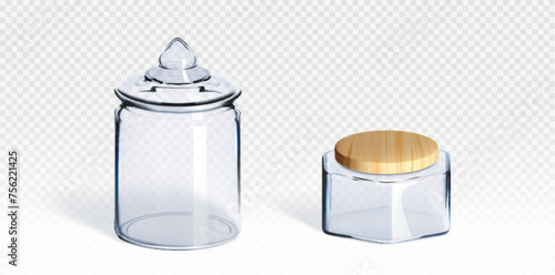 Glass transparent jar mockup closed with wooden cap. Realistic vector illustration set of clear blank plastic kitchen container. Food packaging template. Round kitchenware for product storage.
