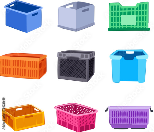 plastic crate set cartoon vector illustration