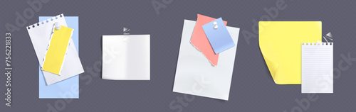 Memo note paper sheets attached with adhesive tape and pins. White and colorful notepad pages and stickers for memory writings. Realistic vector illustration set of frames for bulletin notice.