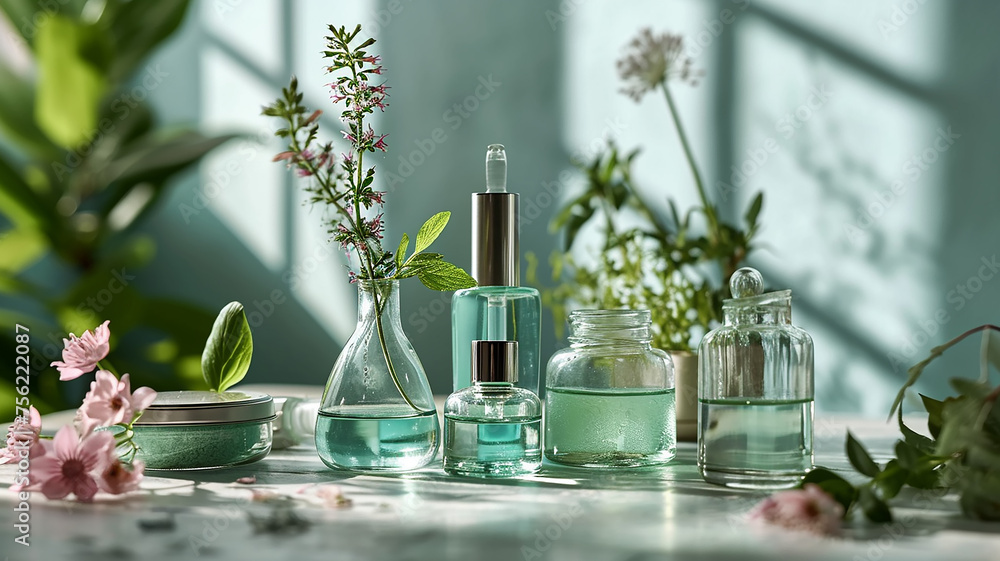 A set of bottles with natural extract, a background picture of cosmetics, perfumes and care products with mint leaves - obrazy, fototapety, plakaty 