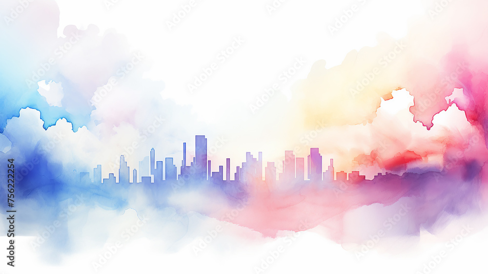 Fototapeta premium Urban landscape in pink and blue clouds, background postcard in watercolor style