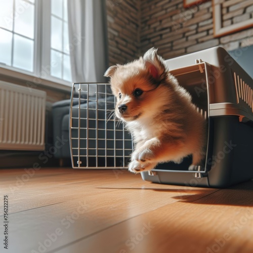 New puppy arrives to new home in pet carrier 