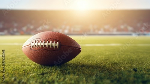 American football ball on the grass of a stadium photo