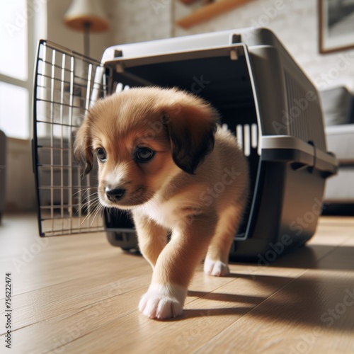 New puppy arrives to new home in pet carrier 