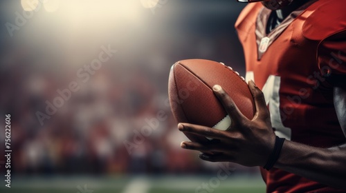 American football ball in player's hands. 