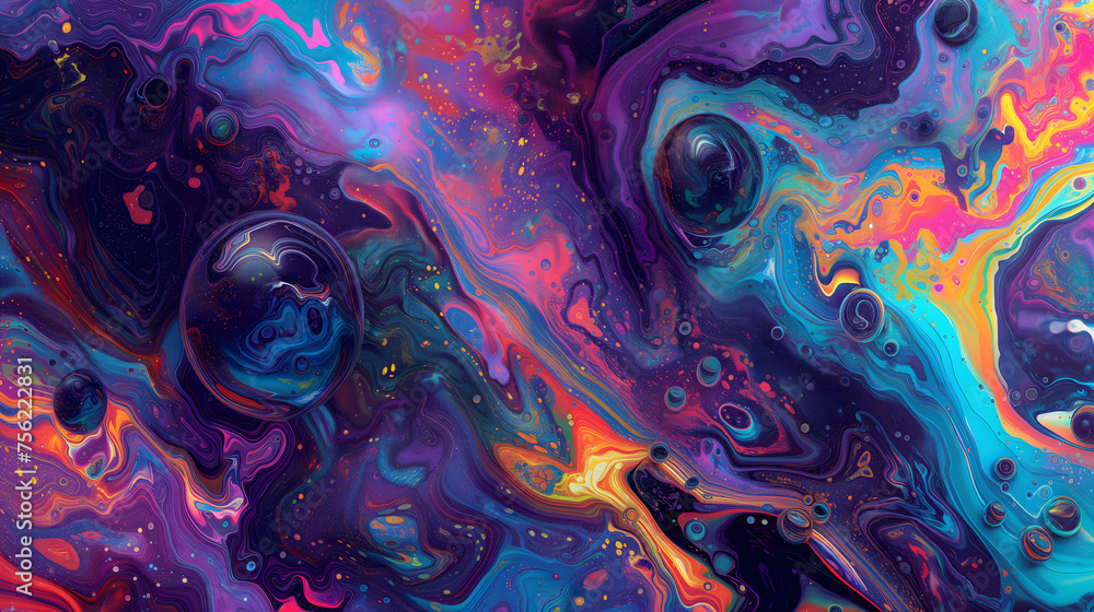 Naklejka premium Saturated colorful mad abstract background, random different shapes and objects, hallucinations of ancient shaman after mushroom overdose. Neural network generated image. Not based on any actual scene