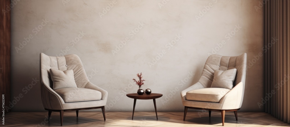 Modern armchairs interior design on a neutral wall