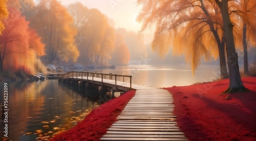 A landscape of autumn nature. The lake bridge located in the fall woodland. The gold woodland path. romantic scenario with a vista. Enchanted foggy pond at dusk. Park with red colored tree leaves. Sun © Shehzad
