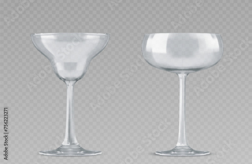 3d set of cocktail glasses isolated on transparent background. Vector realistic illustration of empty cup for alcohol, juice, water, light reflection on clear glassware surface, party design elements