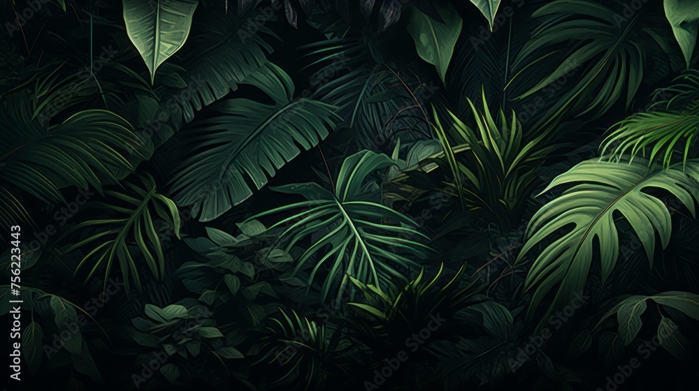 Close-up Background, Texture of Dark Rainforest, Tropics, Green Leaves, Nature, Jungle. Close-up Background, Texture of Dark Rainforest, Tropics, Green Leaves, Nature, Jungle.