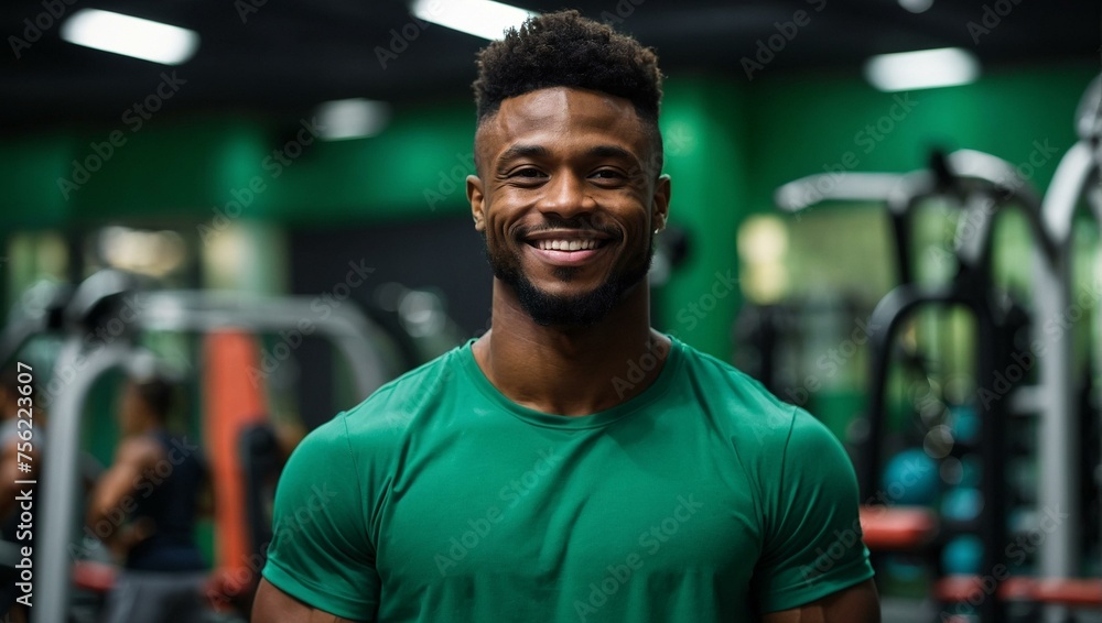 Confident, fit man with a bright smile standing in a gym, highlighting a health-conscious and active lifestyle Confident, fit man with a bright smile standing in a gym, highlighting a health-conscious and active lifestyle