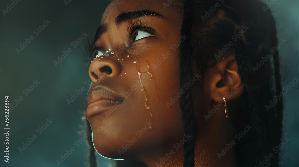 Beautiful young black woman looking up with tears in her eyes.