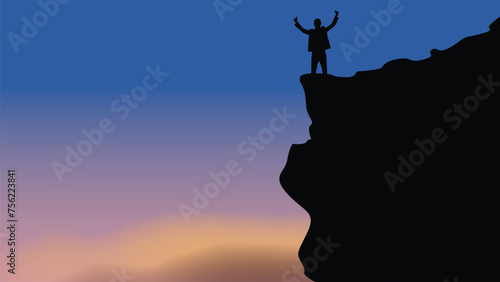 Panorama mountain autumn landscape Man on the top of the rock, illustration 